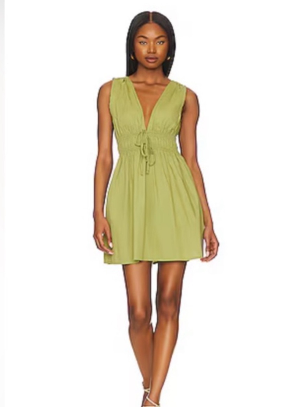 Faithfull the Brand Khaki V-Neck Tie-Waist Mini Dress